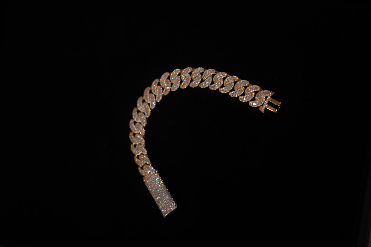 16MM Cuban Link Bracelet (BAGUETTES),  Yellow Gold over Silver VVS1