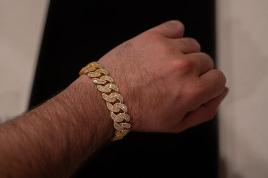 16MM Cuban Link Bracelet (BAGUETTES),  Yellow Gold over Silver VVS1
