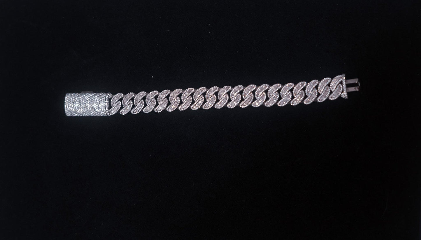 16MM Cuban Link Bracelet (BAGUETTES), White Gold over Silver VVS1