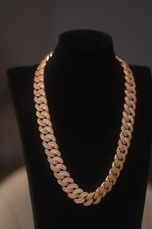 20MM Cuban Link Chain - Flower Setting, Rose Gold over Silver