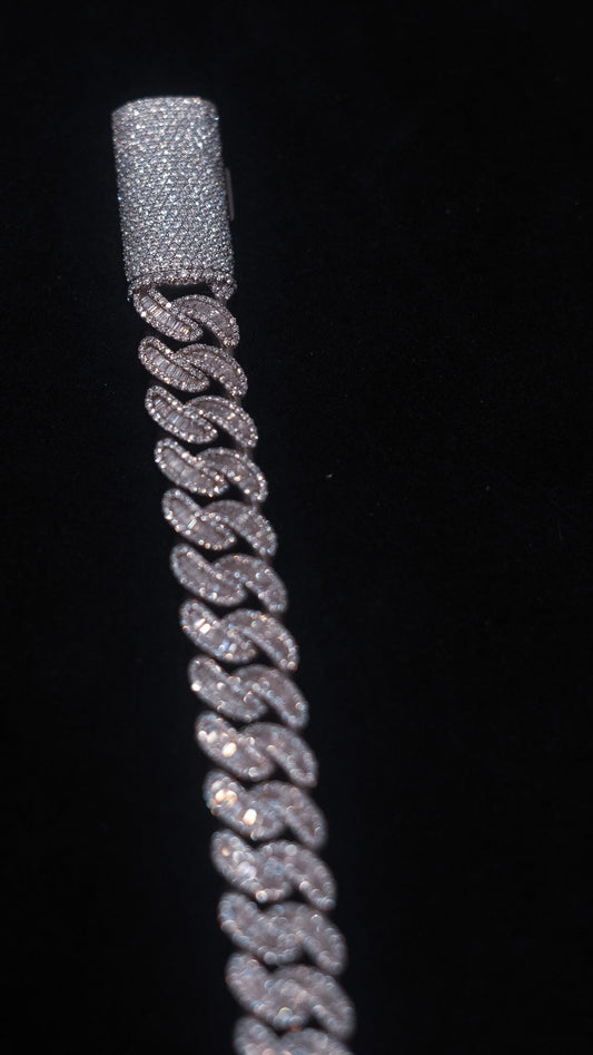 16MM Cuban Link Bracelet (BAGUETTES),  White Gold over Silver VVS1