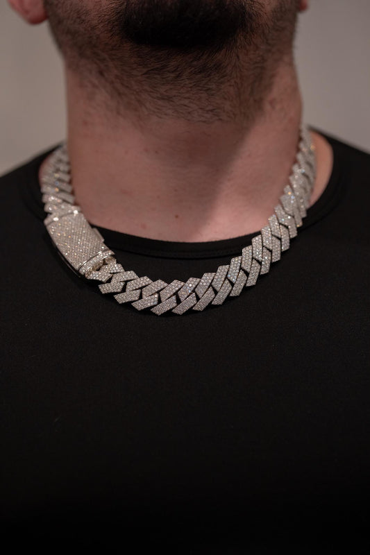 20MM 22” Cuban Link Chain – Prong Set + VVS1 Moissanite (White Gold over Silver)