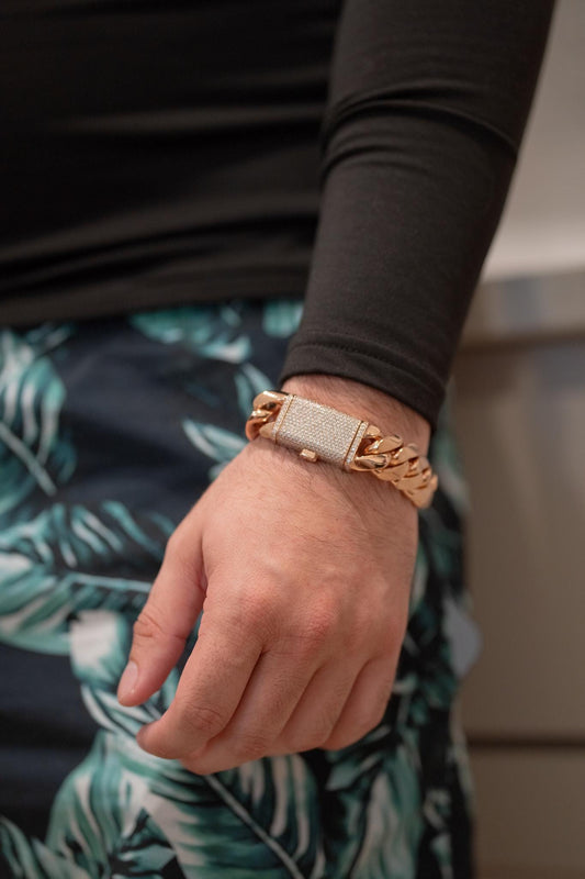 18MM 8” Cuban Link Bracelet – Rose Gold over Silver with Moissanite Lock