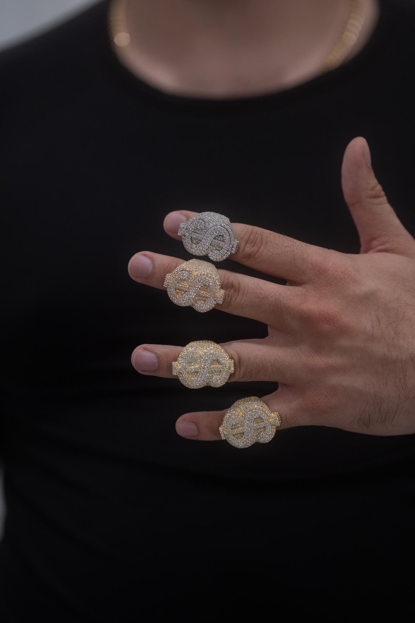 Dollar Sign Ring – Fully Flooded VVS1 Moissanite (Gold over Solid Silver)