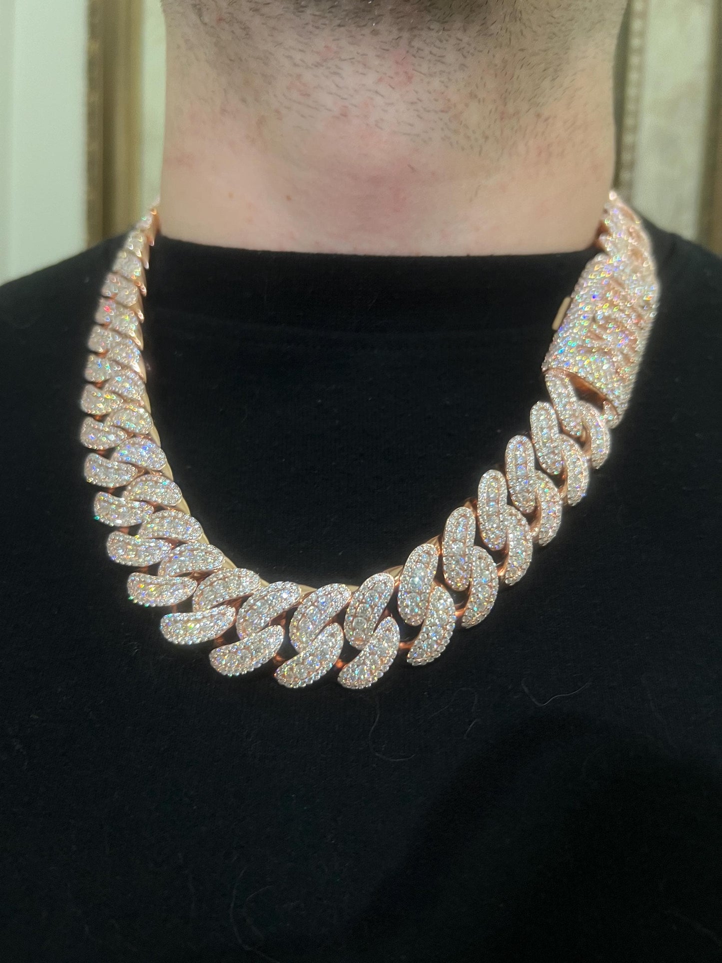 23MM 24 inch Cuban link chain (flower setting) rose gold over silver + VS1 moissanite stones