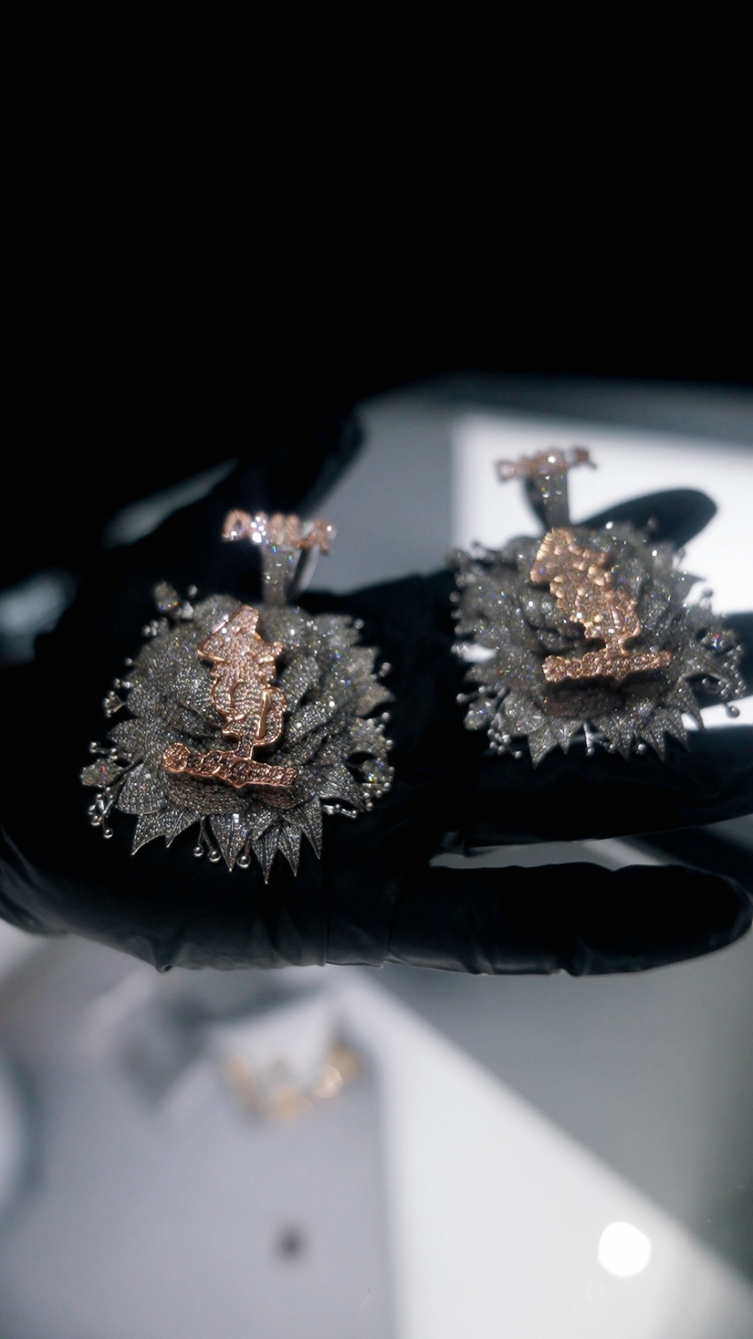Pair of custom DHUR diamond pendants