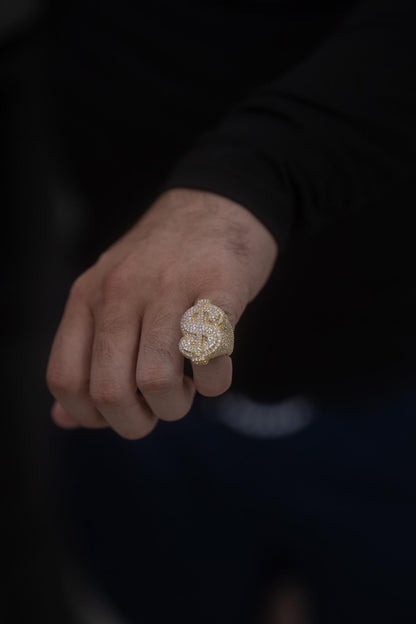 Dollar Sign Ring – Fully Flooded VVS1 Moissanite (Gold over Solid Silver)