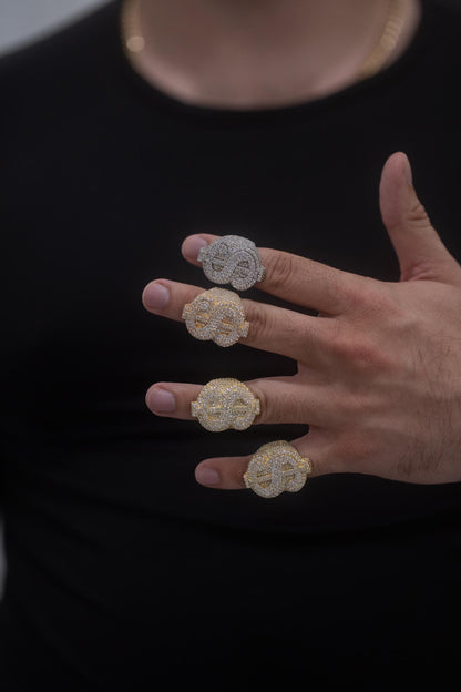 Dollar Sign Ring – Fully Flooded VVS1 Moissanite (Gold over Solid Silver)