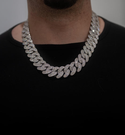 25MM Flower-Setting Cuban Link Chain – VVS1 Moissanite (White Gold over Solid Silver)