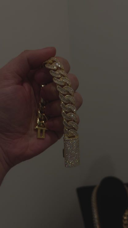 16MM Cuban Link Bracelet (BAGUETTES),  Yellow Gold over Silver VVS1